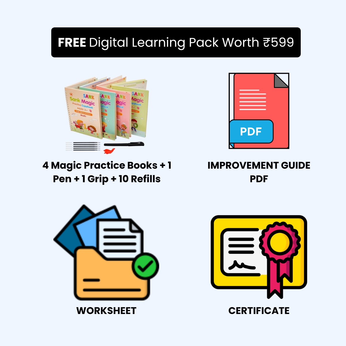 Sank Magic Practice Copybook Set of 4 + FREE 3 Learning Bonuses (Guide + Worksheets + Certificate)